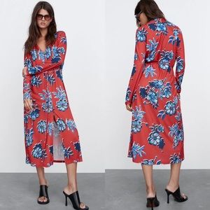 ZARA Womens Printed Midi Shirt Dress Red  Blue Floral Long Sleeve Sz S NWT